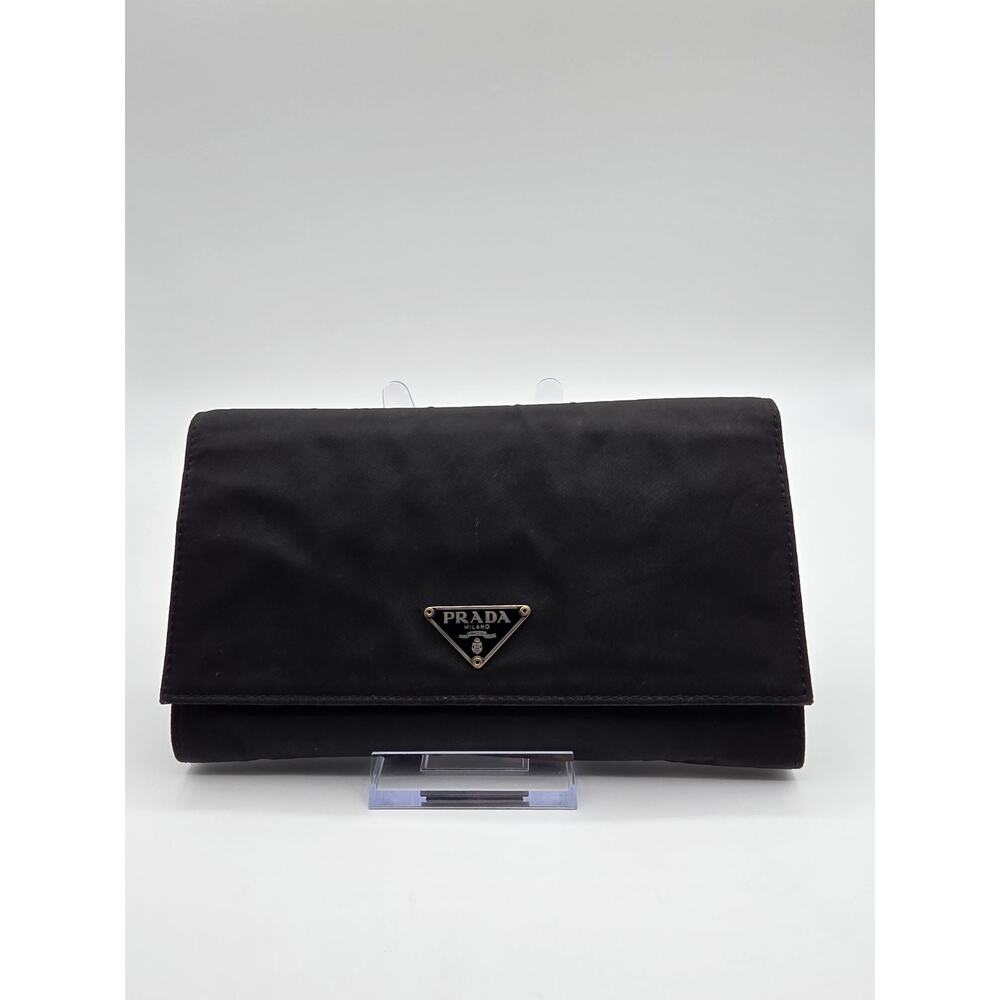 Prada Black Nylon & Saffiano Leather Flap Wallet Triangle Logo Italy Auth